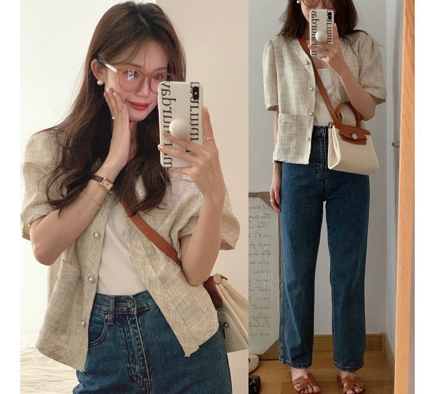 Short-Sleeve Plaid Button Blazer