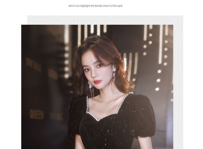 Neckline Prom Beaded (Various Dress Puff-Sleeve Sweetheart Designs) Trim Glitter