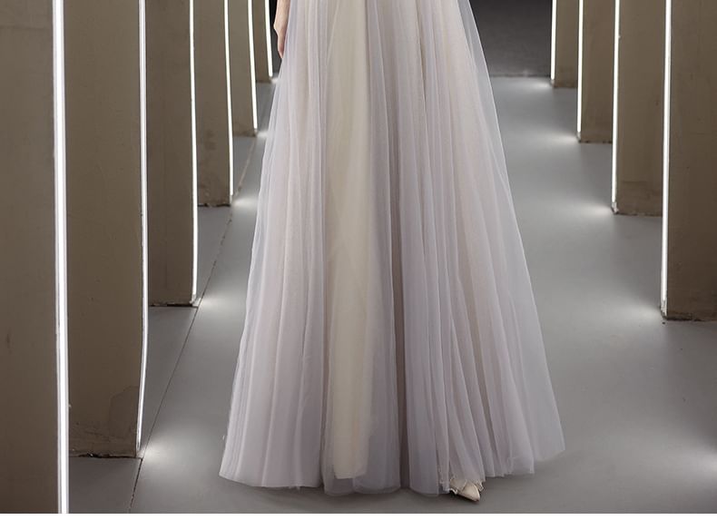 3/4-Sleeve Cold Shoulder Rhinestone Floral A-Line Evening Gown