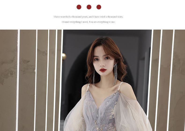 Shoulder 3/4-Sleeve A-Line Rhinestone Gown Cold Floral Evening