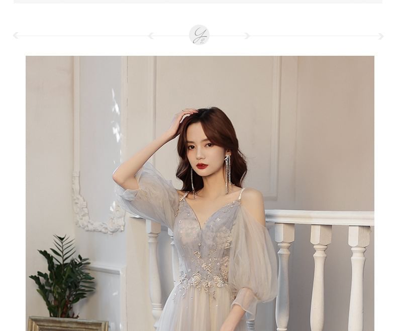 Shoulder 3/4-Sleeve A-Line Rhinestone Gown Cold Floral Evening