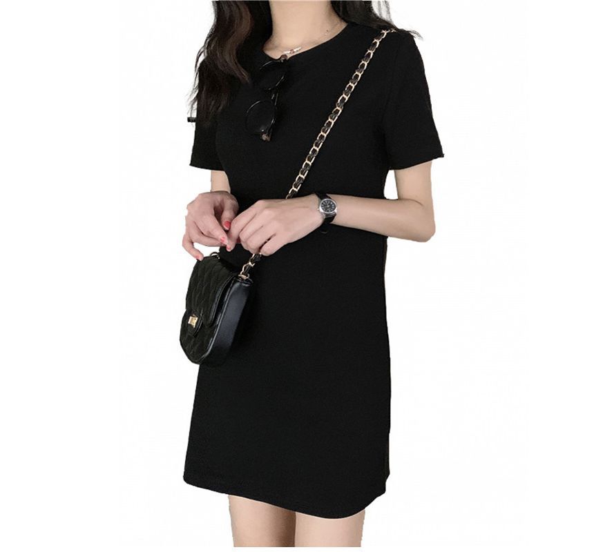 Mini Short-Sleeve Neck Plain T-Shirt Dress Round