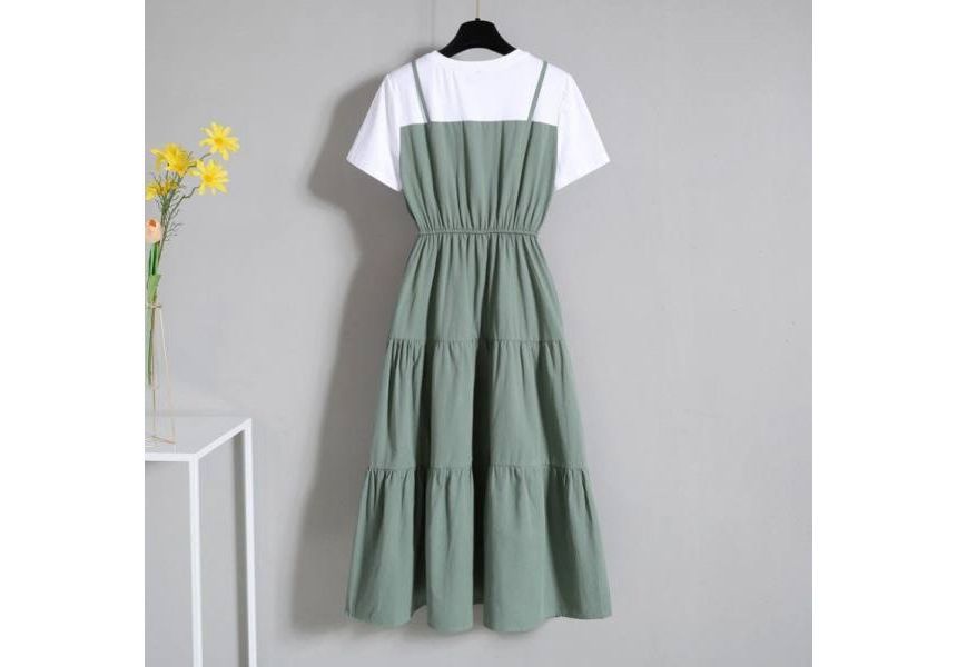 Short-Sleeve Round Dress Neck Mock A-Line Midi Two-Piece