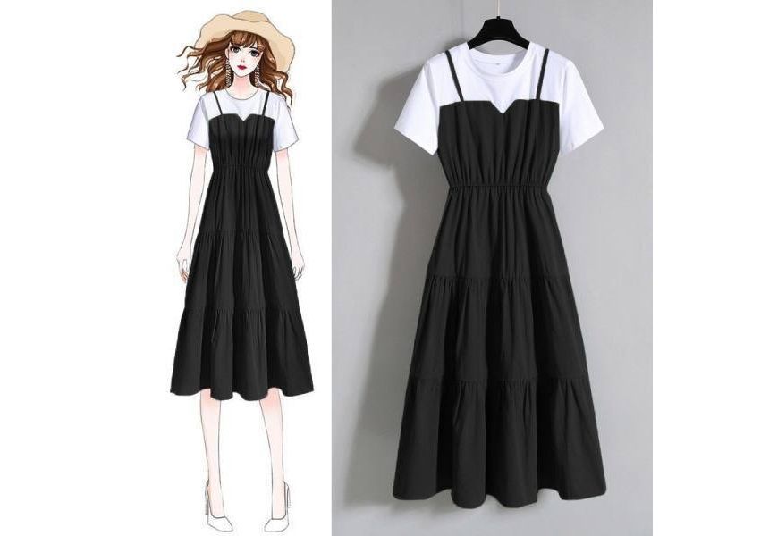 Short-Sleeve Round Dress Neck Mock A-Line Midi Two-Piece