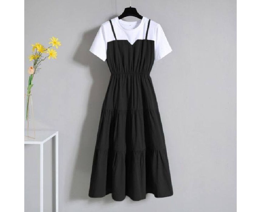 Short-Sleeve Round Dress Neck Mock A-Line Midi Two-Piece