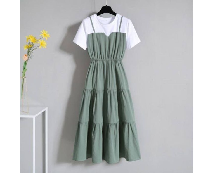 Short-Sleeve Round Dress Neck Mock A-Line Midi Two-Piece