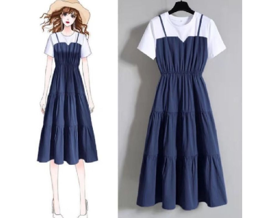 Short-Sleeve Round Dress Neck Mock A-Line Midi Two-Piece