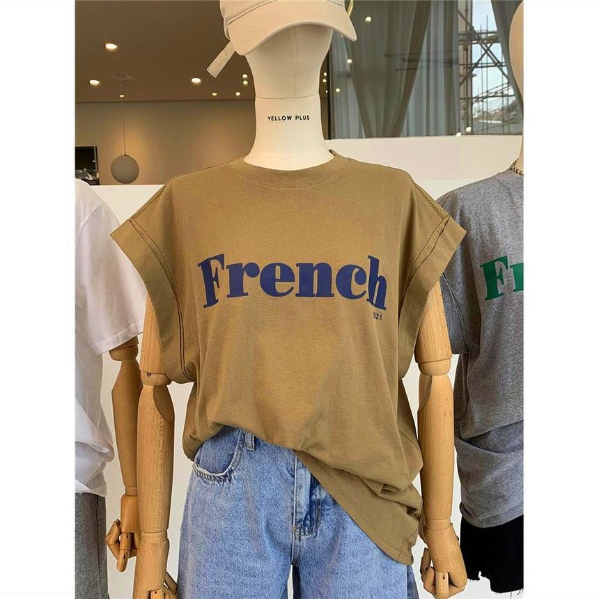 Long Round T-Shirt Lettering Cap-Sleeve Neck
