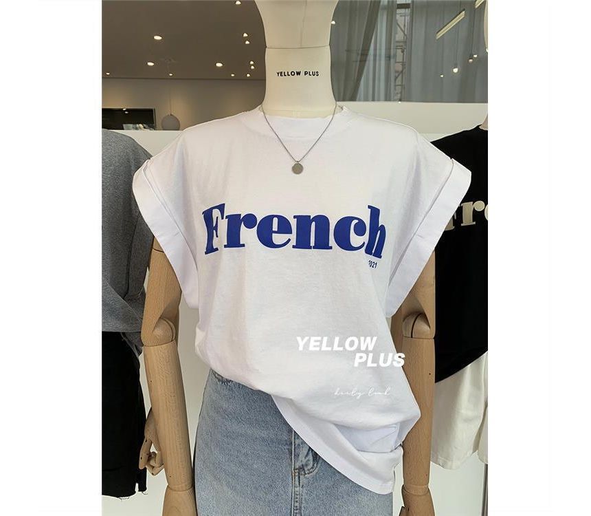 Long Round T-Shirt Lettering Cap-Sleeve Neck