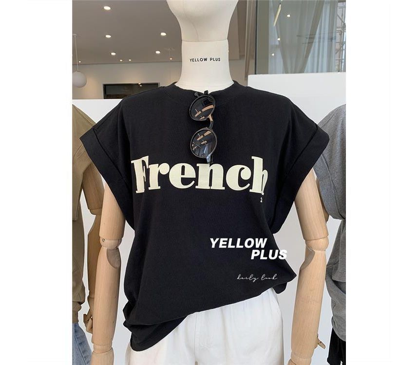 Long Round T-Shirt Lettering Cap-Sleeve Neck