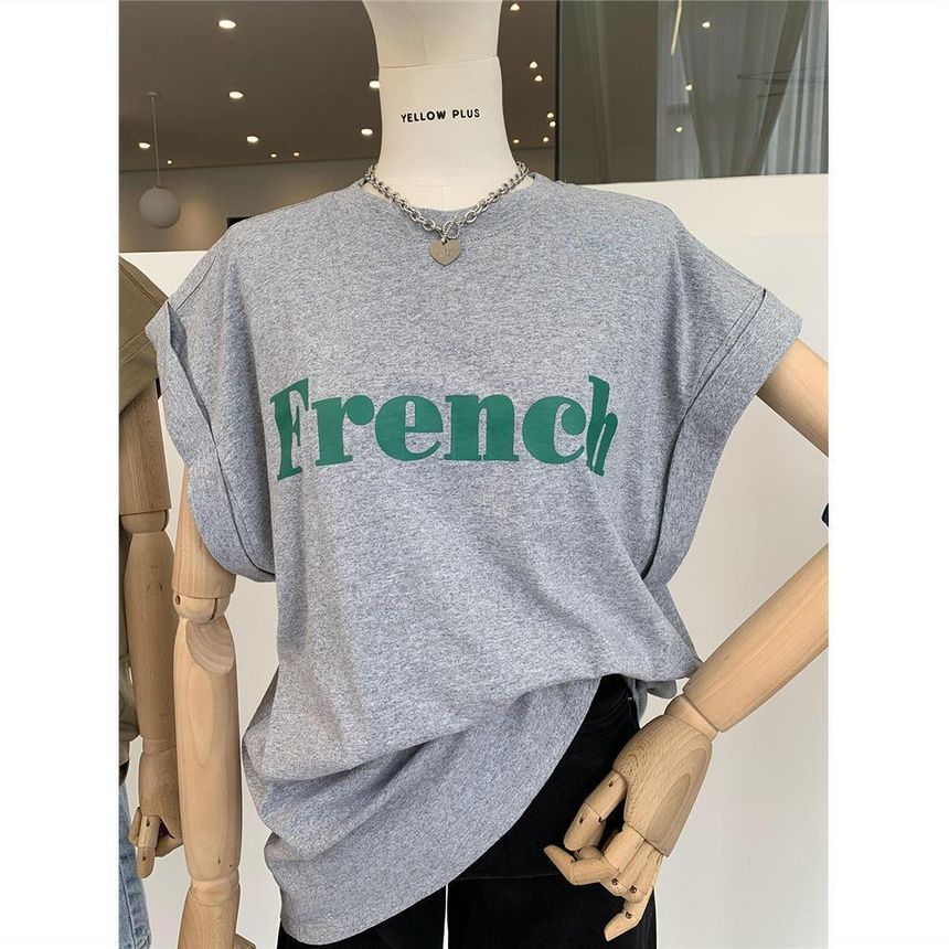 Long Round T-Shirt Lettering Cap-Sleeve Neck