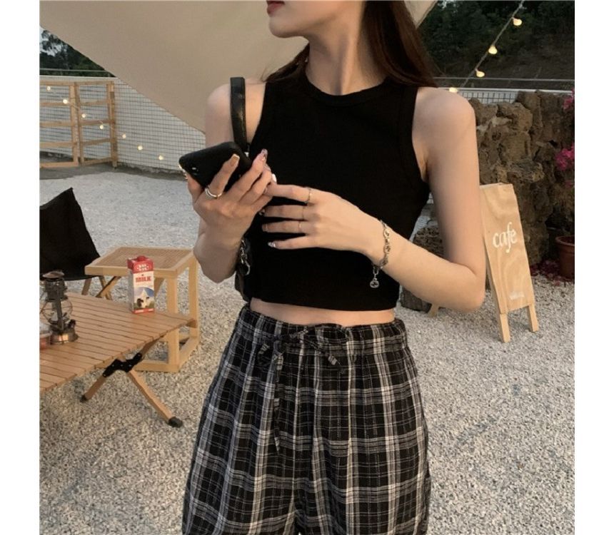 Neck Crop Top Round Tank Plain