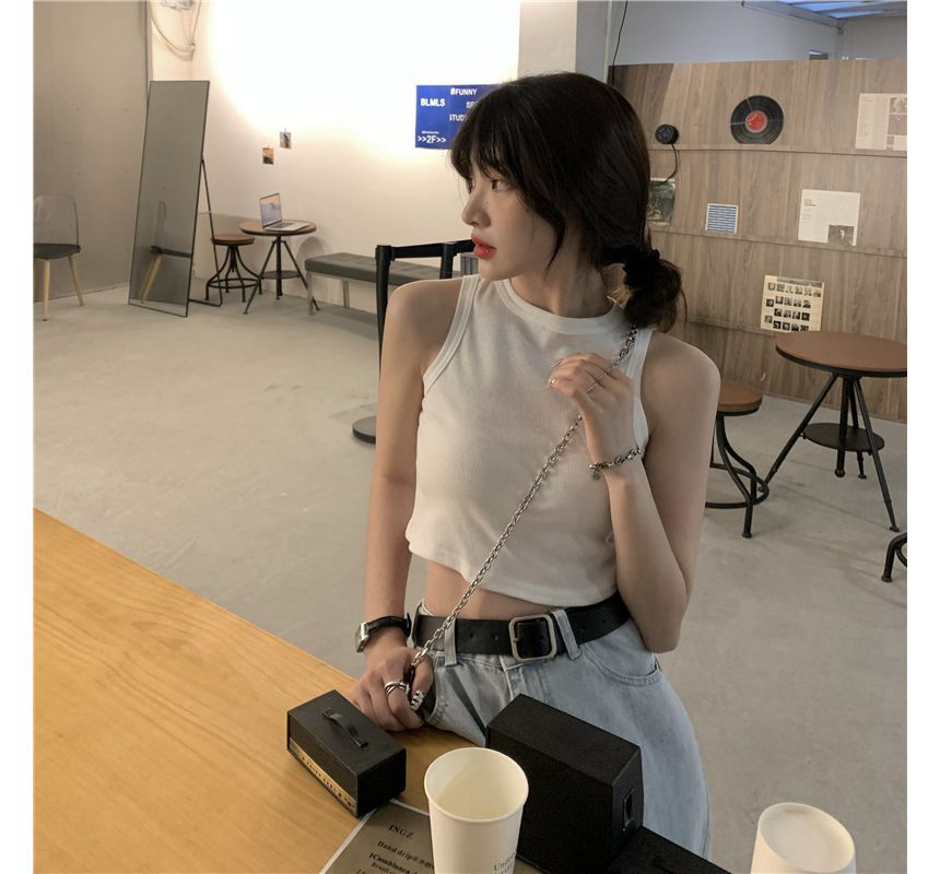 Neck Crop Top Round Tank Plain