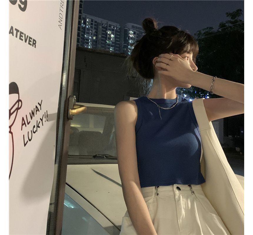 Neck Crop Top Round Tank Plain