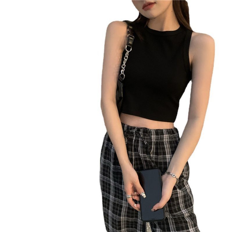 Neck Crop Top Round Tank Plain