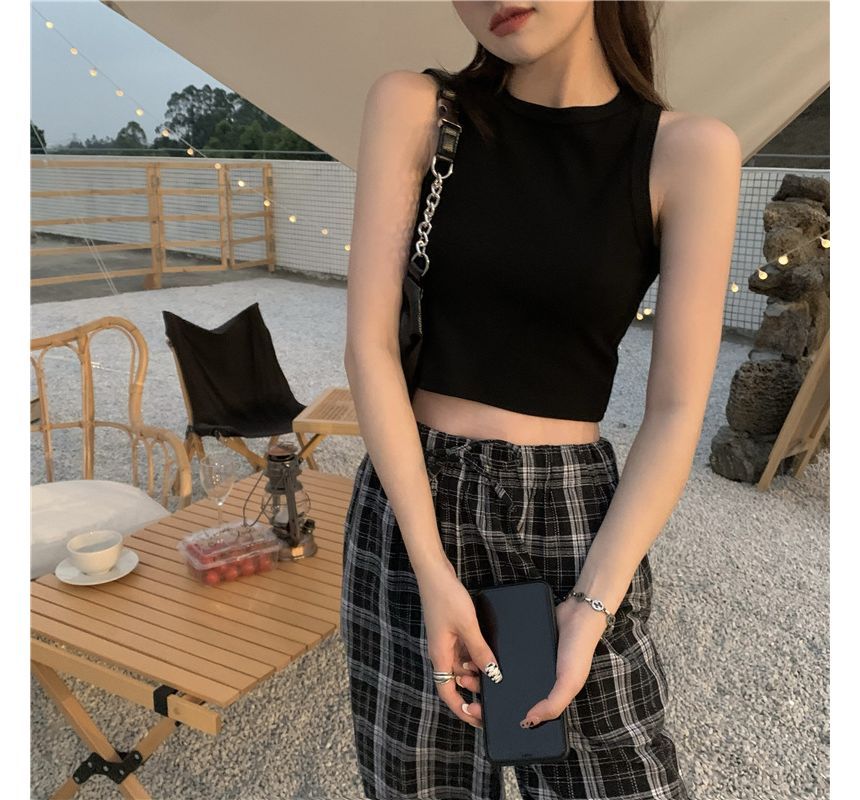 Neck Crop Top Round Tank Plain