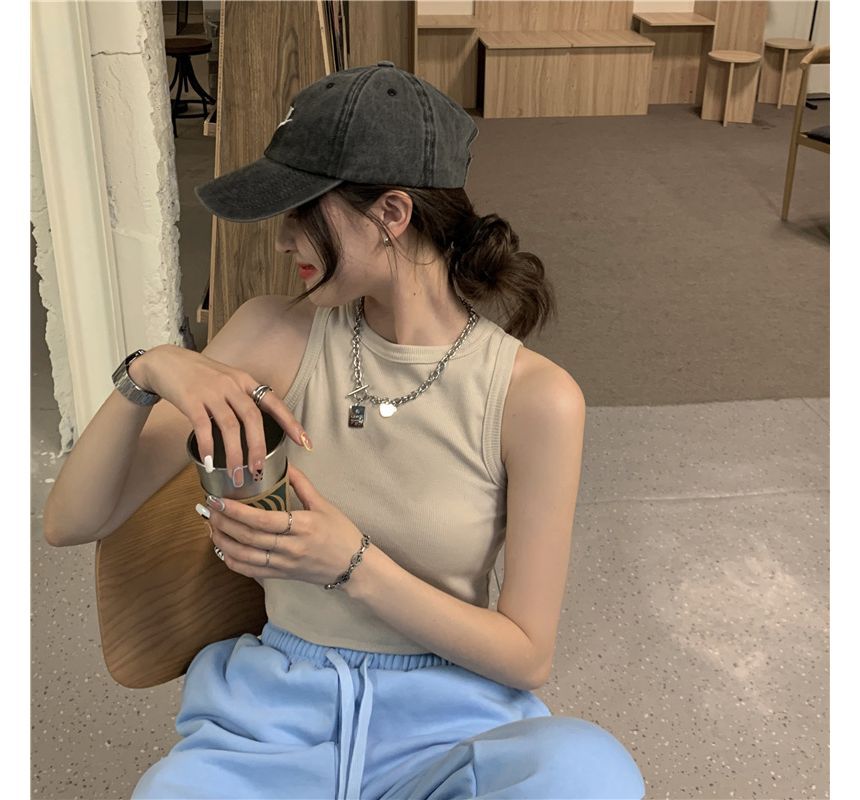 Neck Crop Top Round Tank Plain