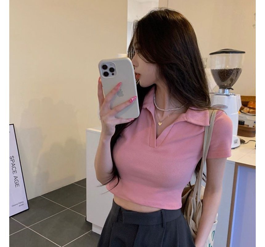 Polo Short-Sleeve Crop Plain Top