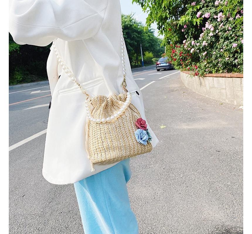 Woven Bucket Bag Pearl Faux Strap