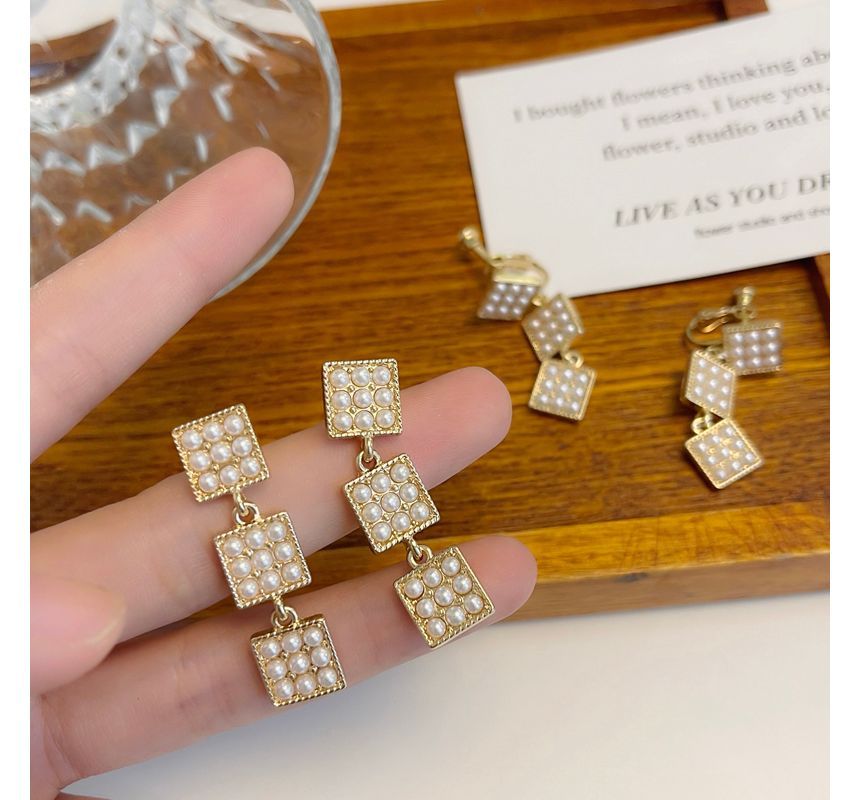 Pearl Alloy Faux Dangle Earring Square