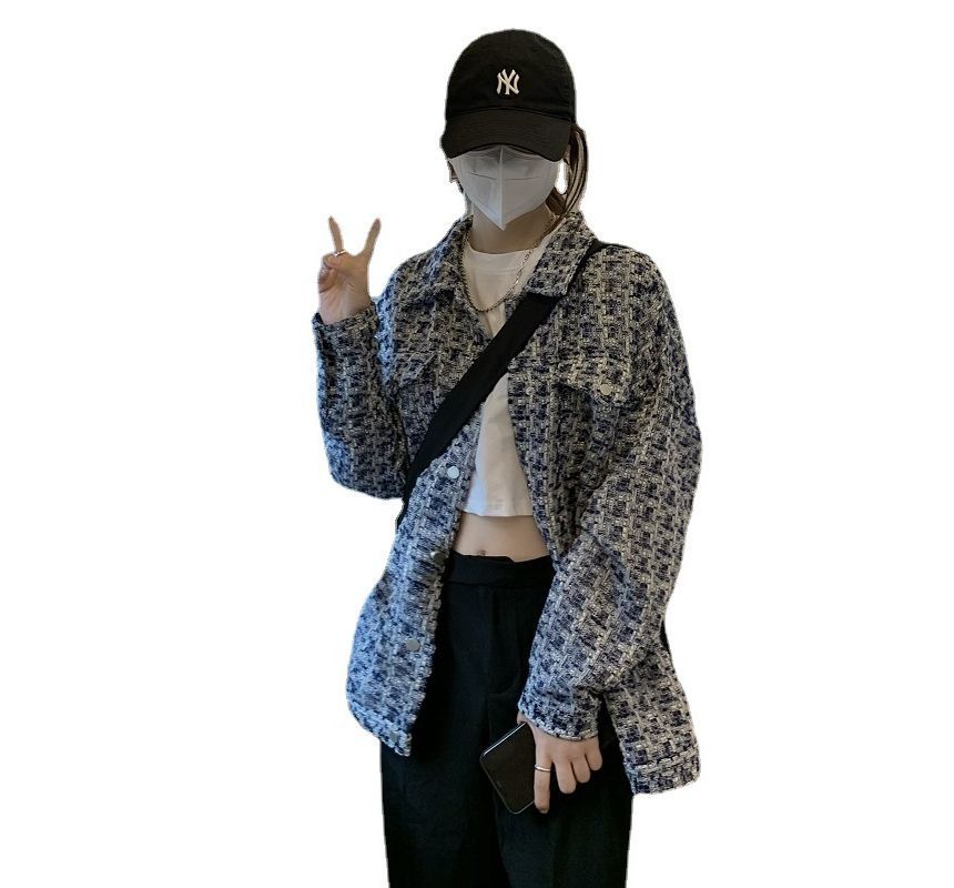 Long-Sleeve Tweed Plaid Shirt Jacket