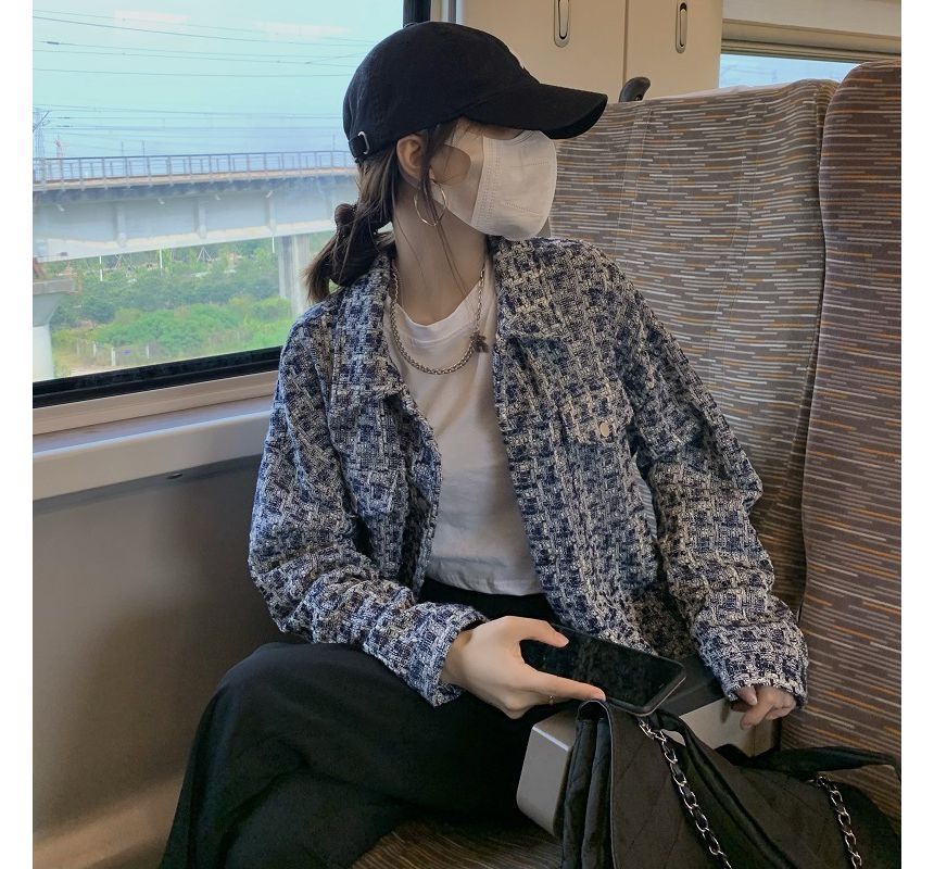 Long-Sleeve Tweed Plaid Shirt Jacket