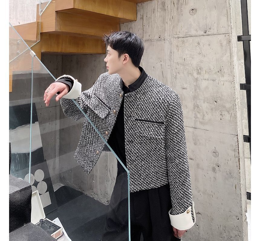 Stand Collar Tweed Single-Breasted Jacket