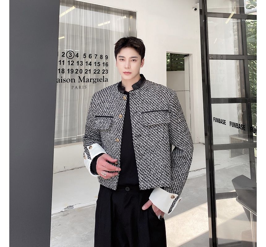 Stand Collar Tweed Single-Breasted Jacket