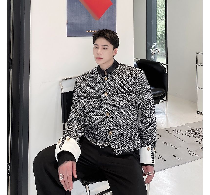 Stand Collar Tweed Single-Breasted Jacket