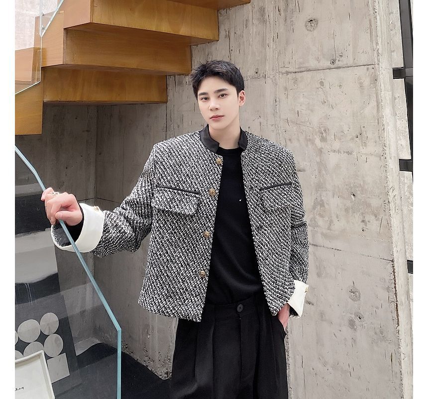 Stand Collar Tweed Single-Breasted Jacket