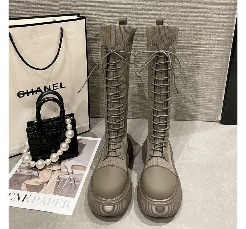 Platform Lace-Up Tall Boots Sock