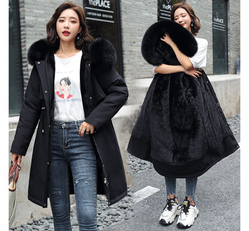Fluffy Hooded Padded Zip-Up Long Coat