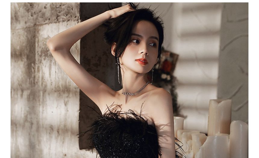 A-Line Gown Fluffy Trim Strapless Sequined Evening