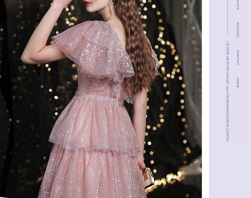 Layered Sweetheart-Neckline Gown A-Line Short-Sleeve Evening Sequined