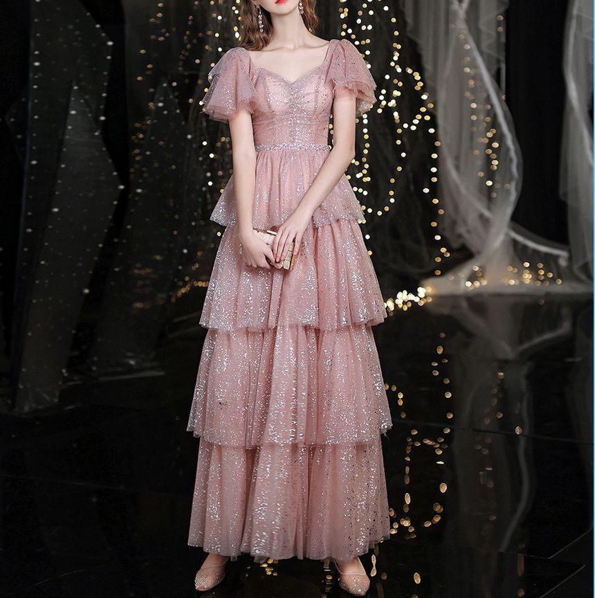 Layered Sweetheart-Neckline Gown A-Line Short-Sleeve Evening Sequined