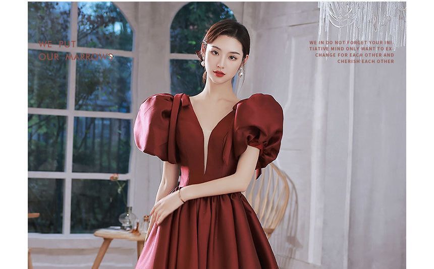 Mesh Gown Evening A-Line Plain Puff-Sleeve Panel