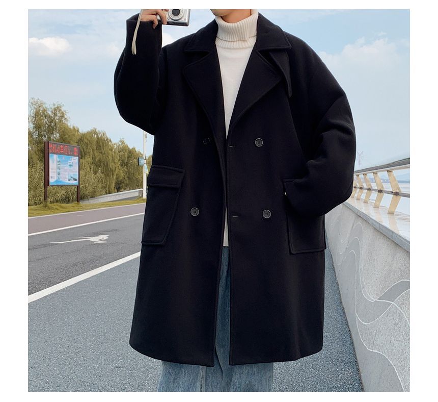 Long-Sleeve  Double-Breasted  Plain Woolen Coat