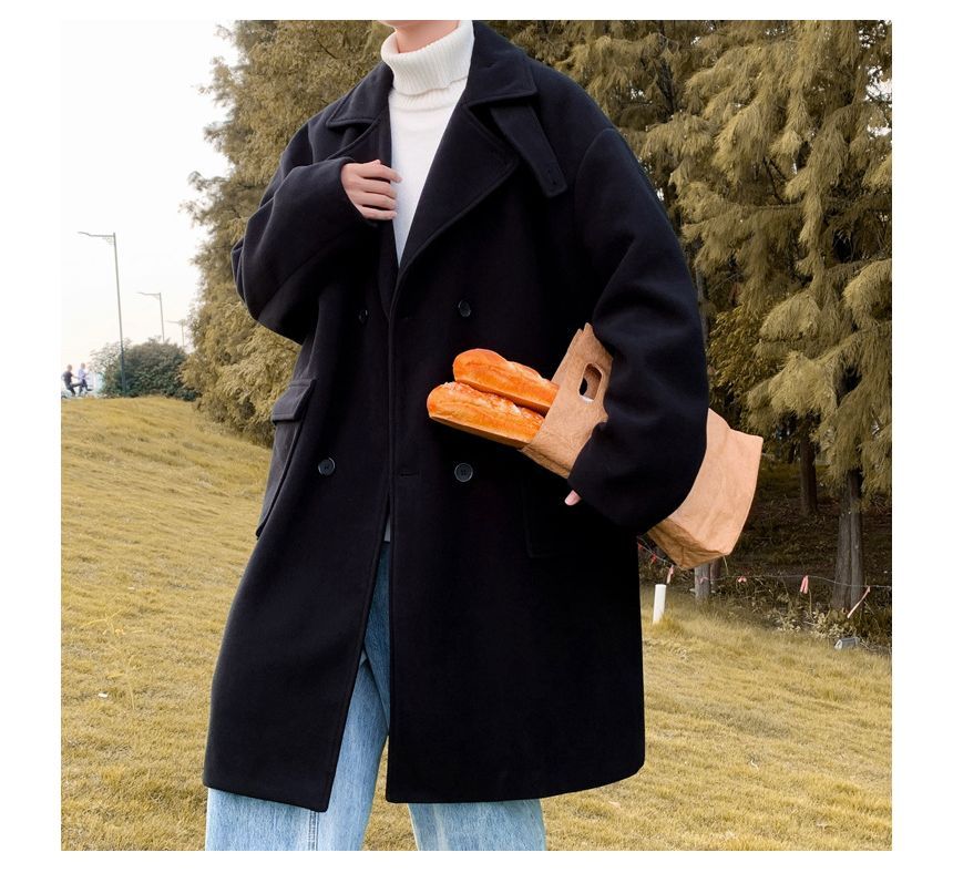 Long-Sleeve  Double-Breasted  Plain Woolen Coat
