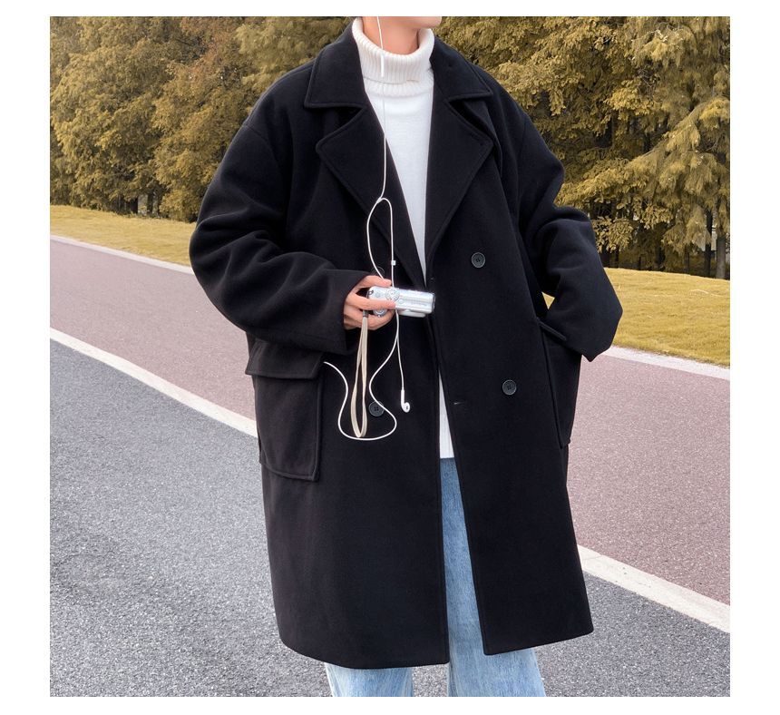 Long-Sleeve  Double-Breasted  Plain Woolen Coat