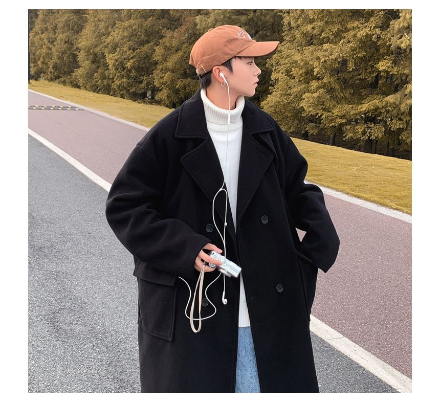 Long-Sleeve  Double-Breasted  Plain Woolen Coat