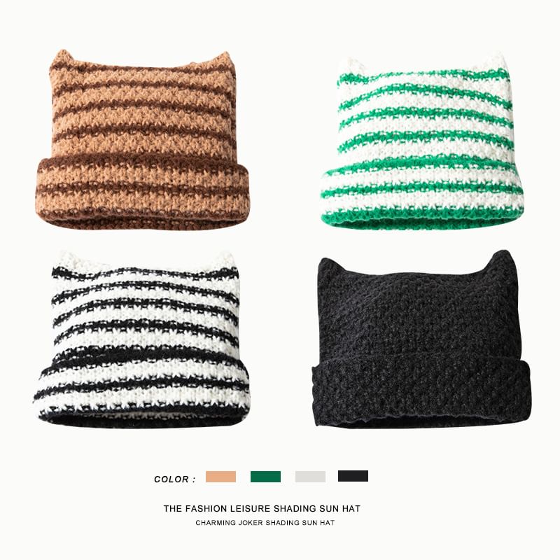 Striped Knit Beanie Cat Ear