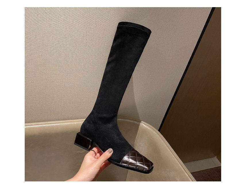 Panel Knee-High Boots Quilted Square-Toe Block Heel