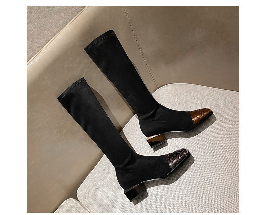 Panel Knee-High Boots Quilted Square-Toe Block Heel