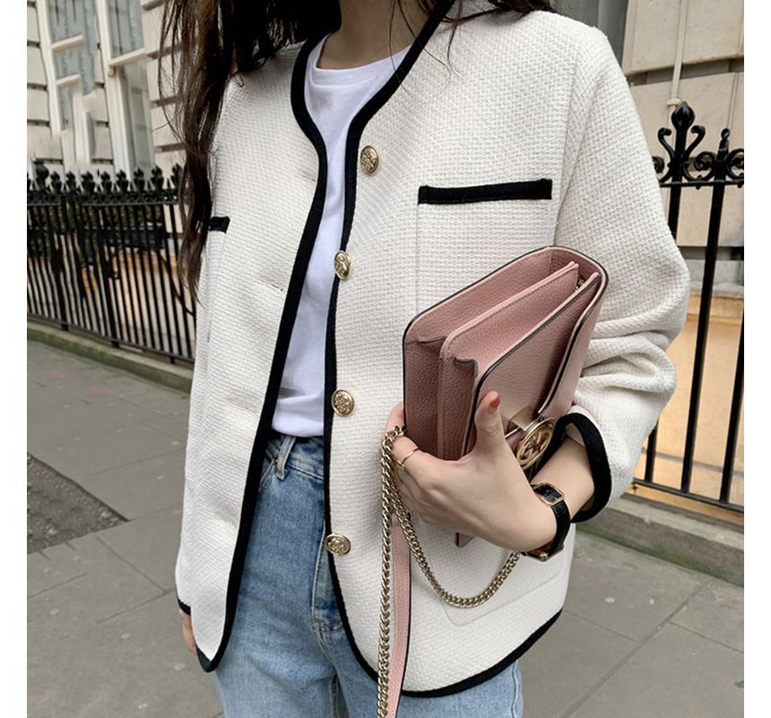 V-Neck Contrast Trim Button-Up Tweed Jacket