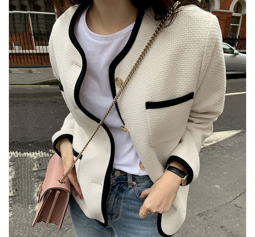 V-Neck Contrast Trim Button-Up Tweed Jacket