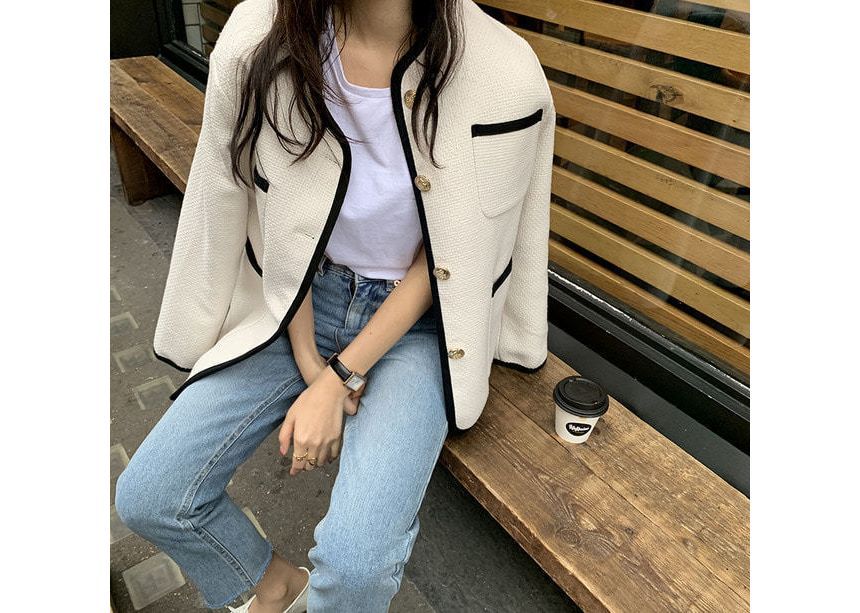 V-Neck Contrast Trim Button-Up Tweed Jacket