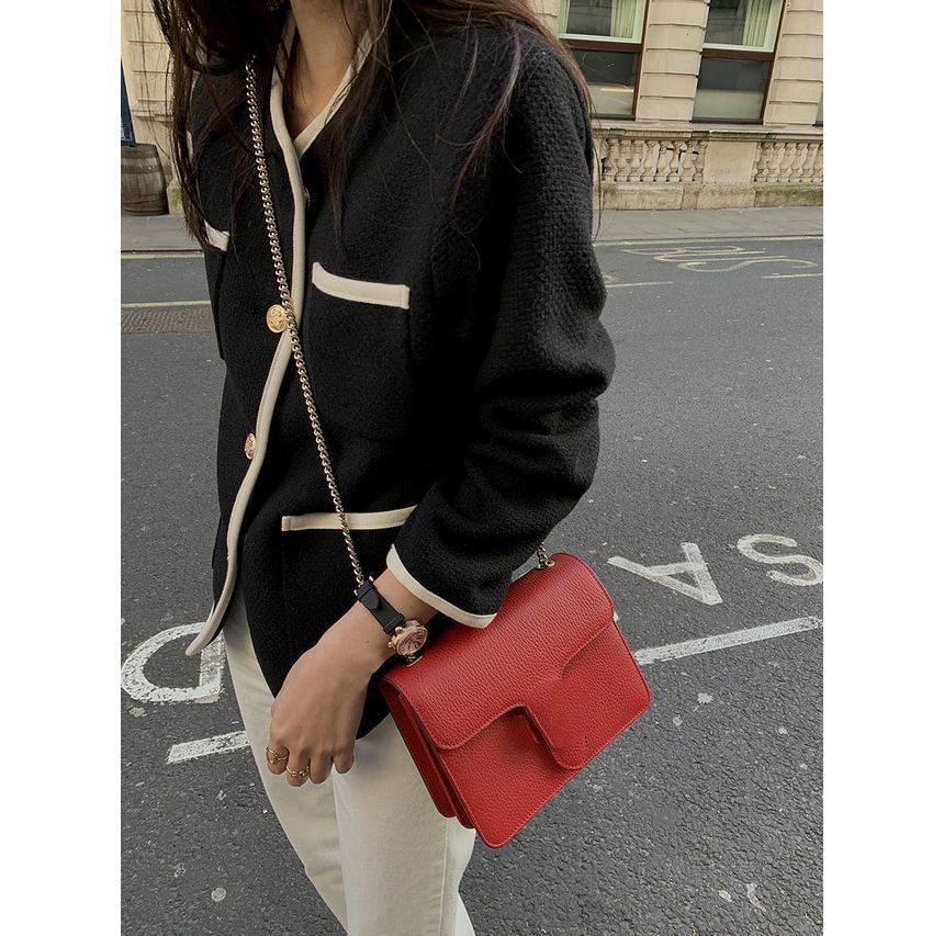 V-Neck Contrast Trim Button-Up Tweed Jacket