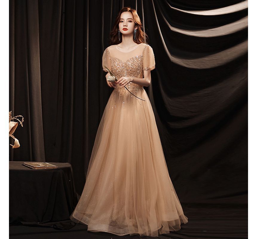 Short-Sleeve Mesh Evening Round A-Line Sequin Gown / Neck Cocktail Dress