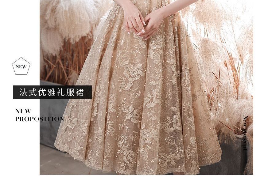 Embroidered A-Line Neck Mock Short-Sleeve / Pearl Dress Flower Faux Gown Evening Cocktail