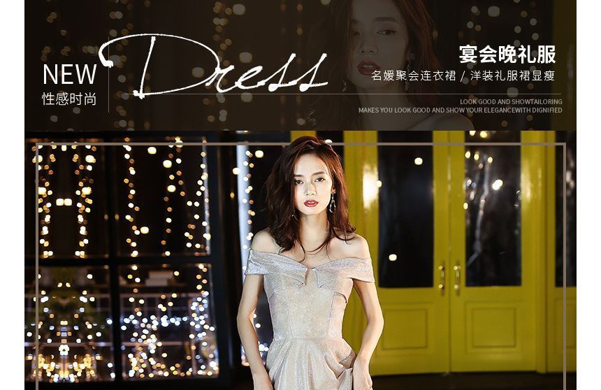 Gown Glitter Shoulder Dress / Cocktail Evening Off A-Line